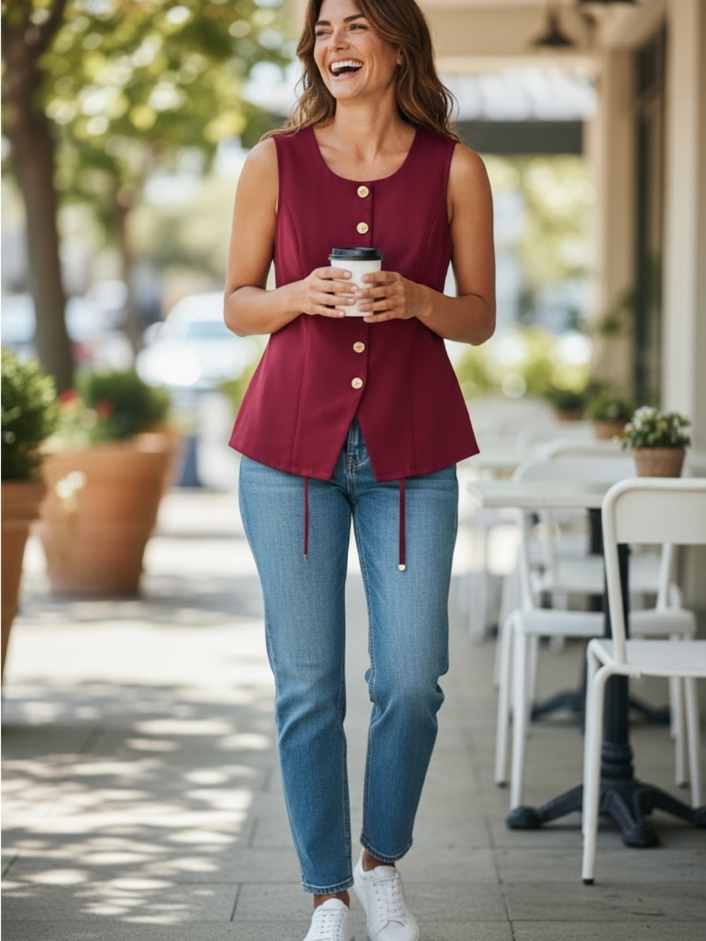 RIO & RIAN Sleeveless Button-Front Top in Burgundy